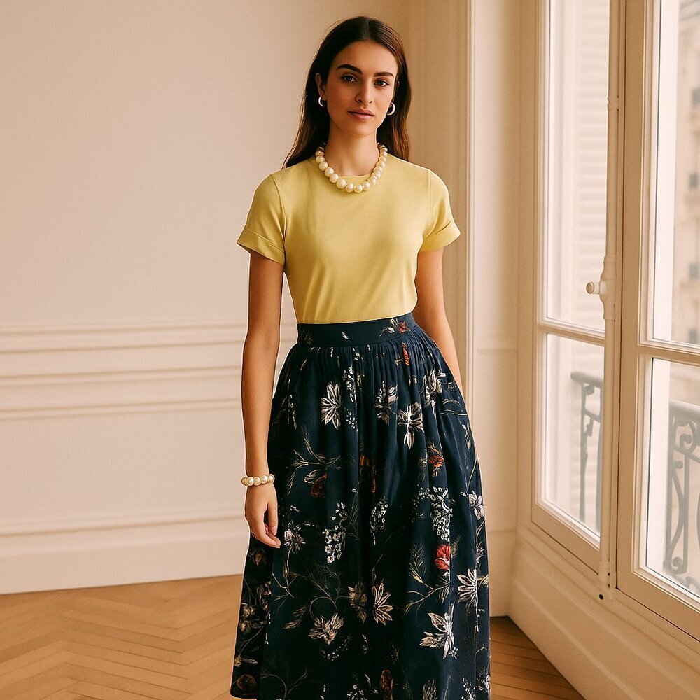Dries Van Noten Aline Midi Skirt Floral Cotton Voile Deep Ocean Blue